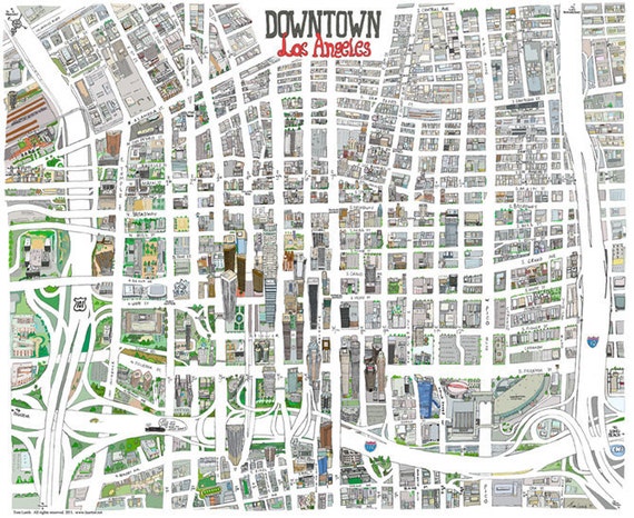 Downtown Los Angeles Hand-Drawn Map Print. Custom by TomLambMaps