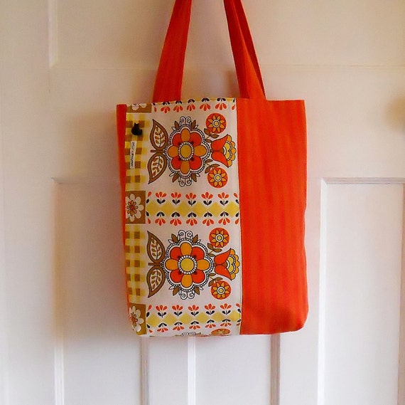Retro Shopper / Tote Bag orange 70s Scandi Flower Vintage