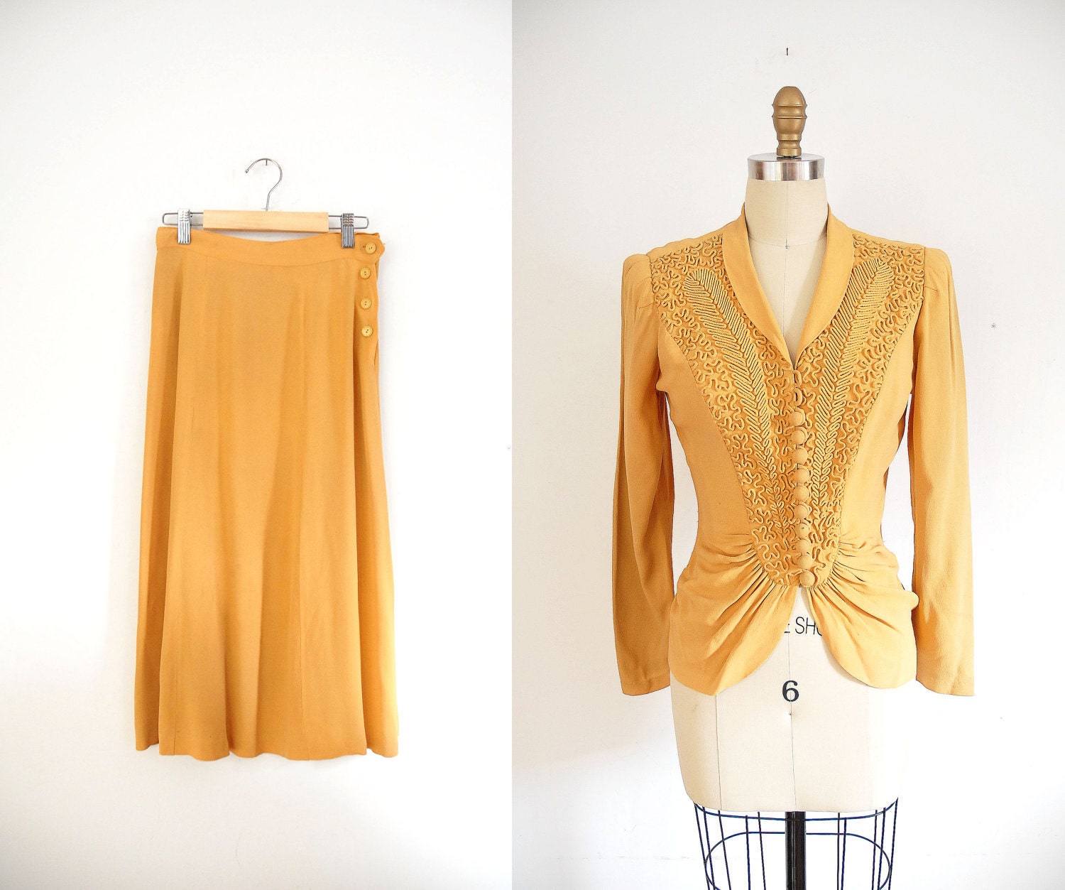 1940s Suit / Mustard Jacket and Skirt / 40s Set