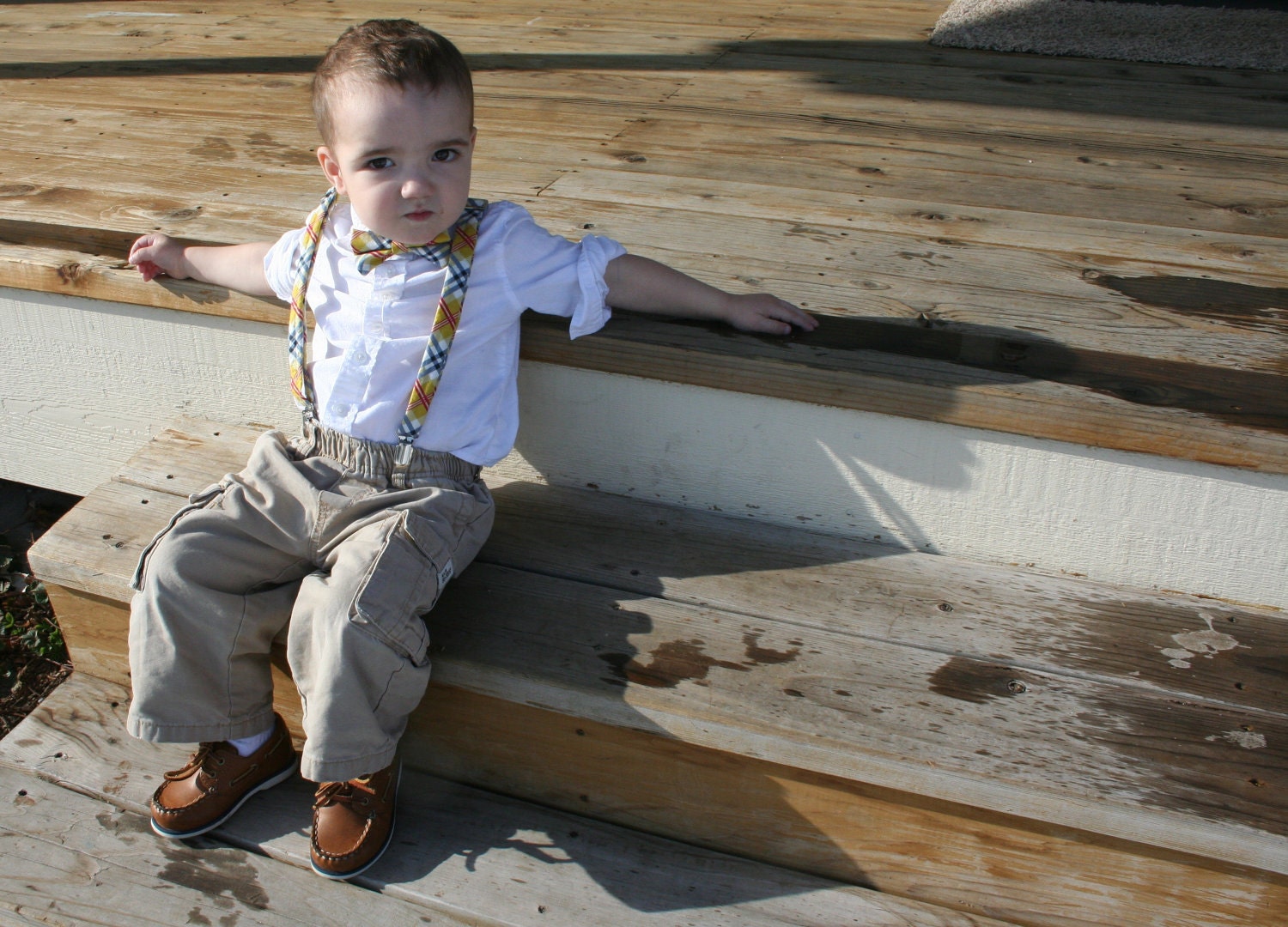 Purple & grey diagonal plaid little boy suspenders photo