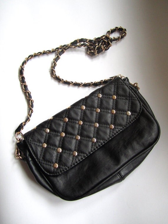 Black Quilted Purse faux leather with studs and chain strap