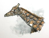 Watercolor Giraffe original 6" x 5" wild life animal art pen and ink nursery art