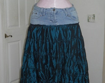 Fée Celtique fairy jean skirt teal emerald silk tulle ruffled shimmery medieval Celtic bohemian blue green