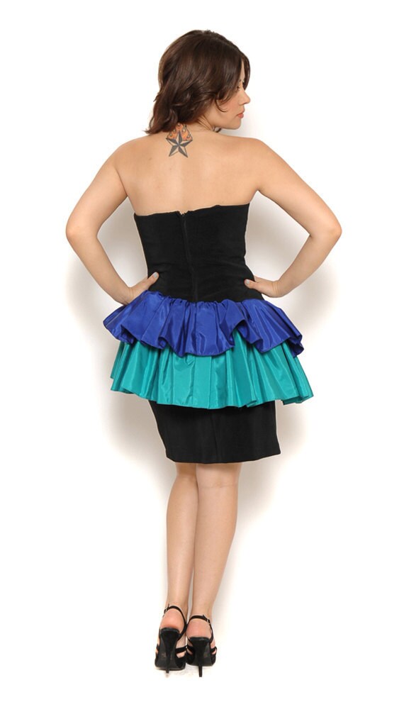 80s Prom Dress Ruffled Peplum Tutu Color Block Black Blue