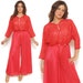 70s Lingerie Palazzo Jumpsuit Sheer Red Lace Batwing Sleeves Sexy Cover Up Loungewear Nightgown / Glam Romantic / One Size