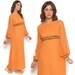70s Tangerine Orange Babydoll Maxi Dress Sheer Balloon Sleeves Floral Trim Bow Empire Waist / Hippie Mod / Size S M Small Medium