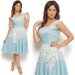50s Linen Dress Pastel Baby Blue Embroidered Butterfly Cutwork Lace Circle Skirt Day Dress / Retro Rockabilly Mad Men / Size L Large