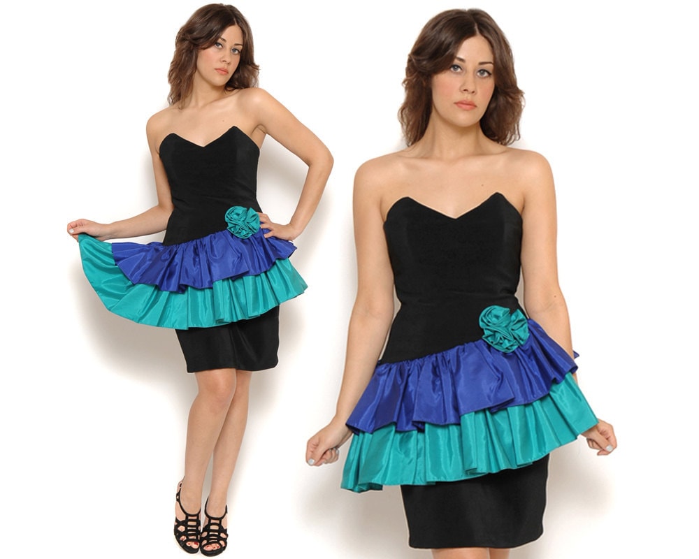 80s Prom Dress Ruffled Peplum Tutu Color Block Black Blue