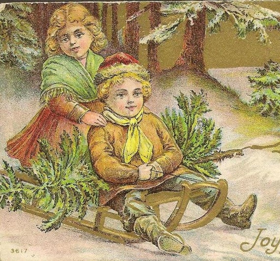 Children on Sled with Christmas Tree Vintage Christmas