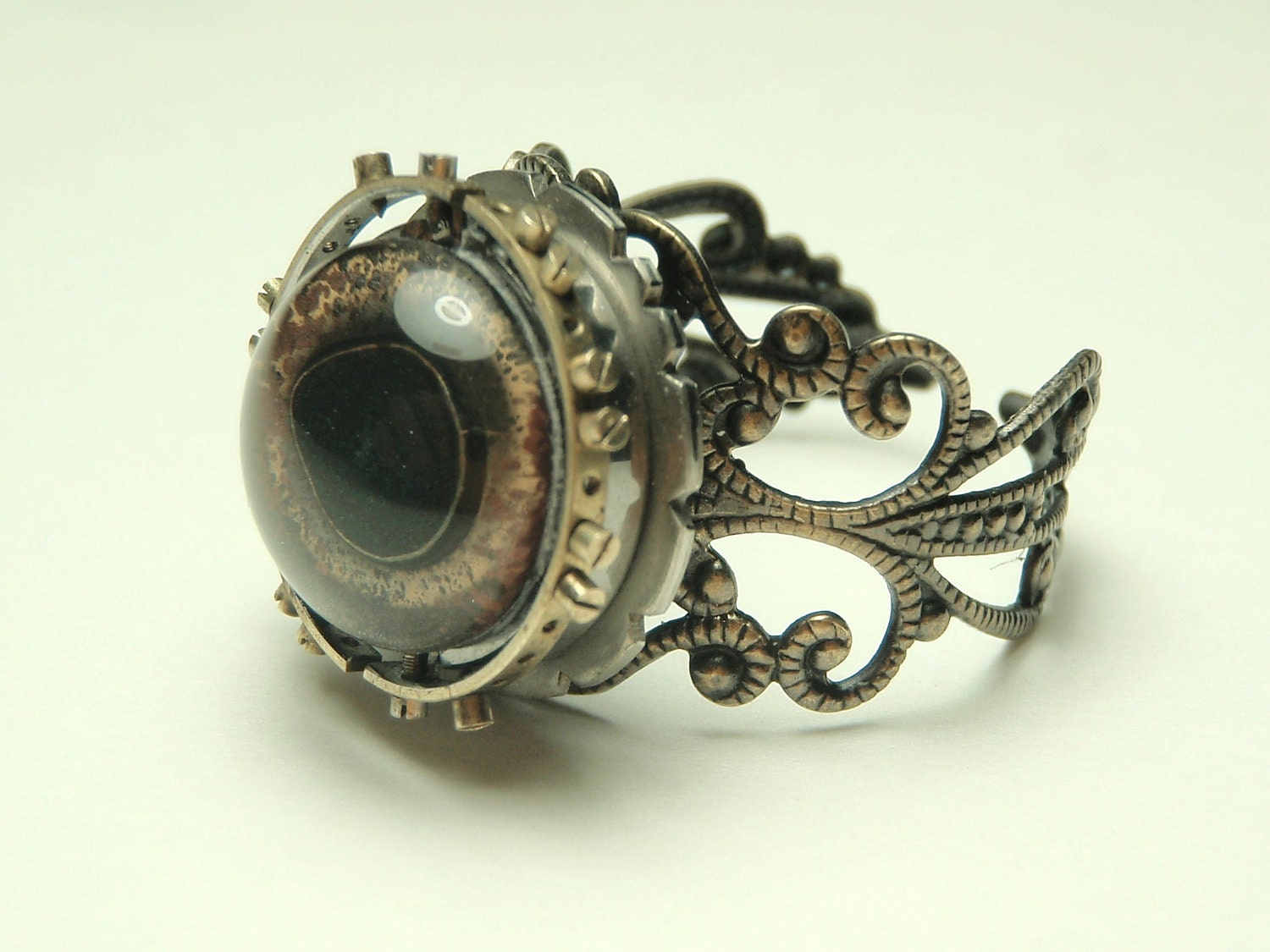 steampunk taxidermy glass eye ring watch parts ring