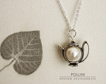 Teapot Necklace. Antique Silver Teapot with Swarovski Pearl. Pastel. Gift For Her (SNL-01)