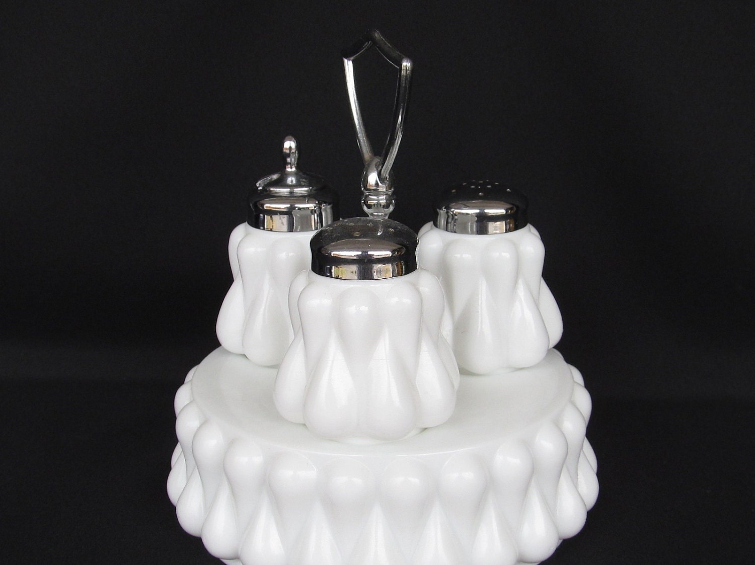 Vintage FENTON Tear Drop Milk Glass CONDIMENT SET