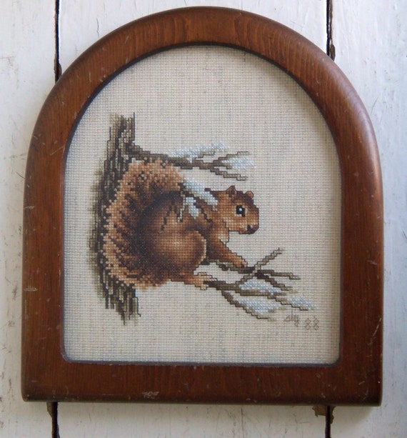 Cross stitch squirrel picture in wood frame