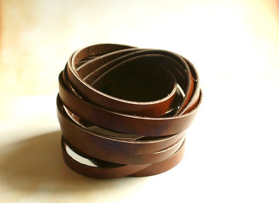 Brown Sliced Leather Cuff Bracelet Double Wrap
