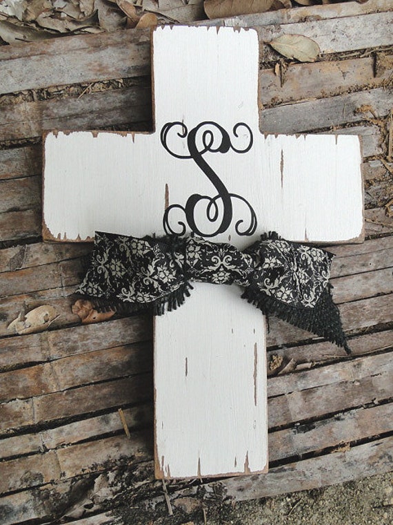 Items similar to Monogram Wooden Distressed Cross with Black and Cream ...