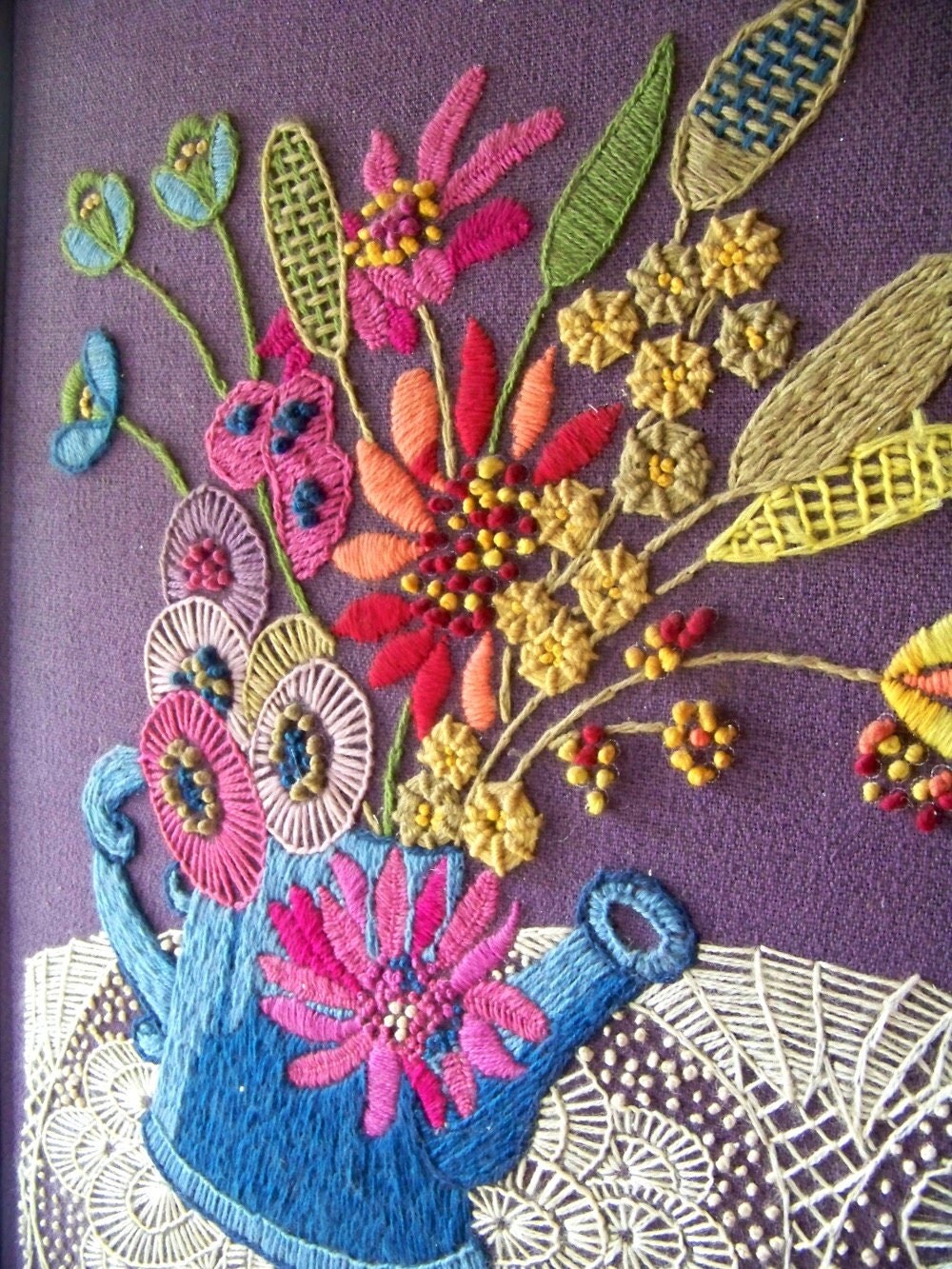 Large Vintage Crewel Embroidery Watering Can with Flowers on