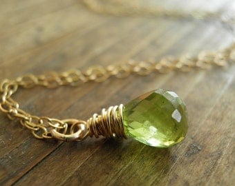 ON SALE August Birthstone Green Rough Cut Peridot Necklace Princess Green Genuine Peridot Faceted Full Drop Briolette, 14k Gold Filled, Sale