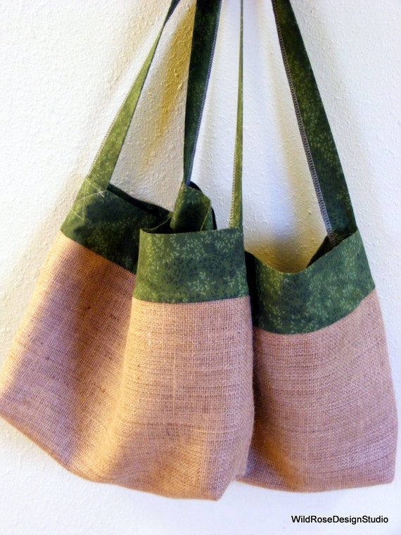 Set of 2 Burlap Grocery Shopping Bags with by WildRoseDesignStudio