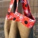 Set of 2 Burlap Grocery Shopping Bags with Red & Black Modern Daisy Print Fabric Trim