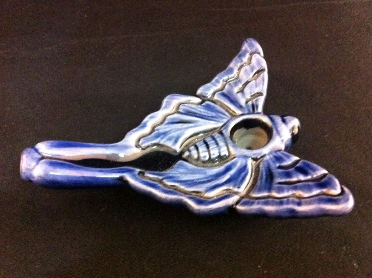 Ceramic Blue Glass Glazed Butterfly Tobacco Pipe