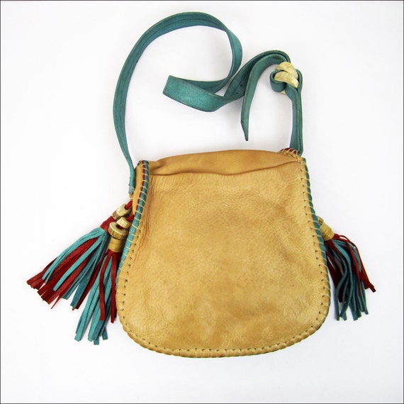 Leather Native American Tan Saddle Bag // Bone & Fringe Tassel