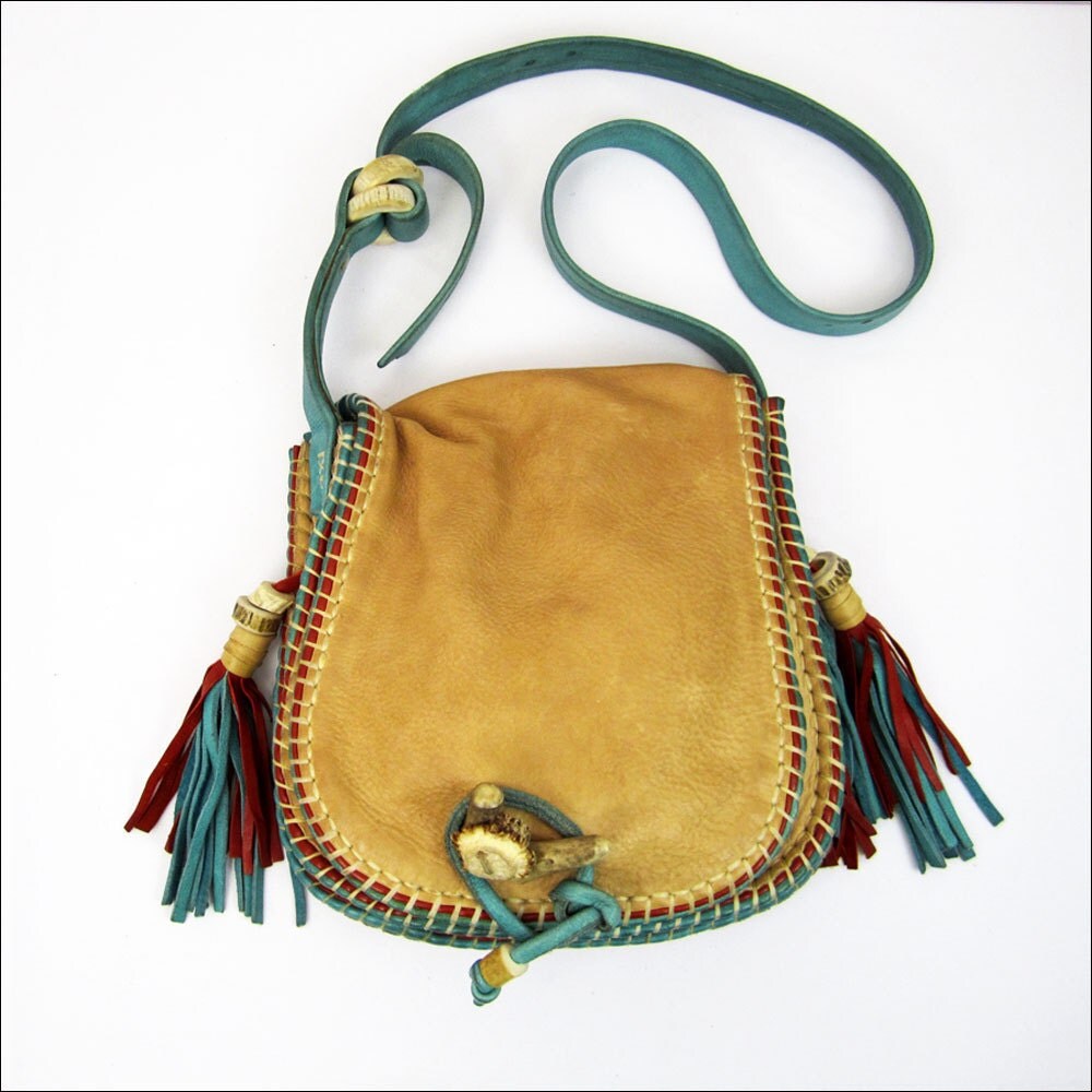 Leather Native American Tan Saddle Bag // Bone & Fringe Tassel