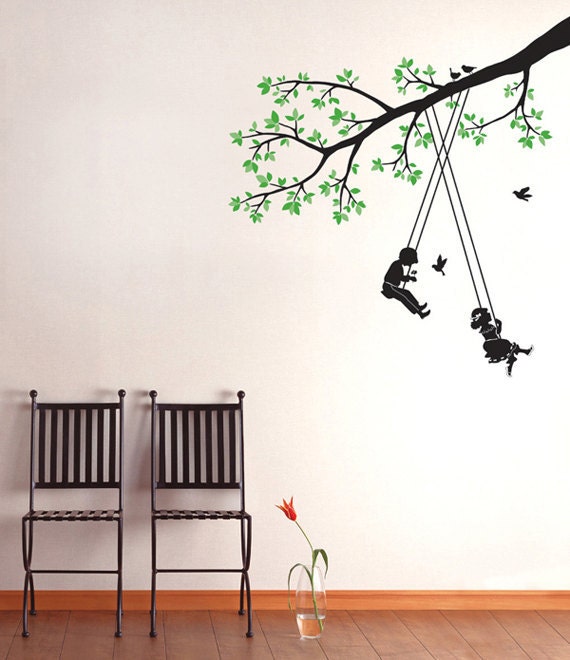 Items similar to Kids & Tree Swings Home Decor Mural Art Point Wall