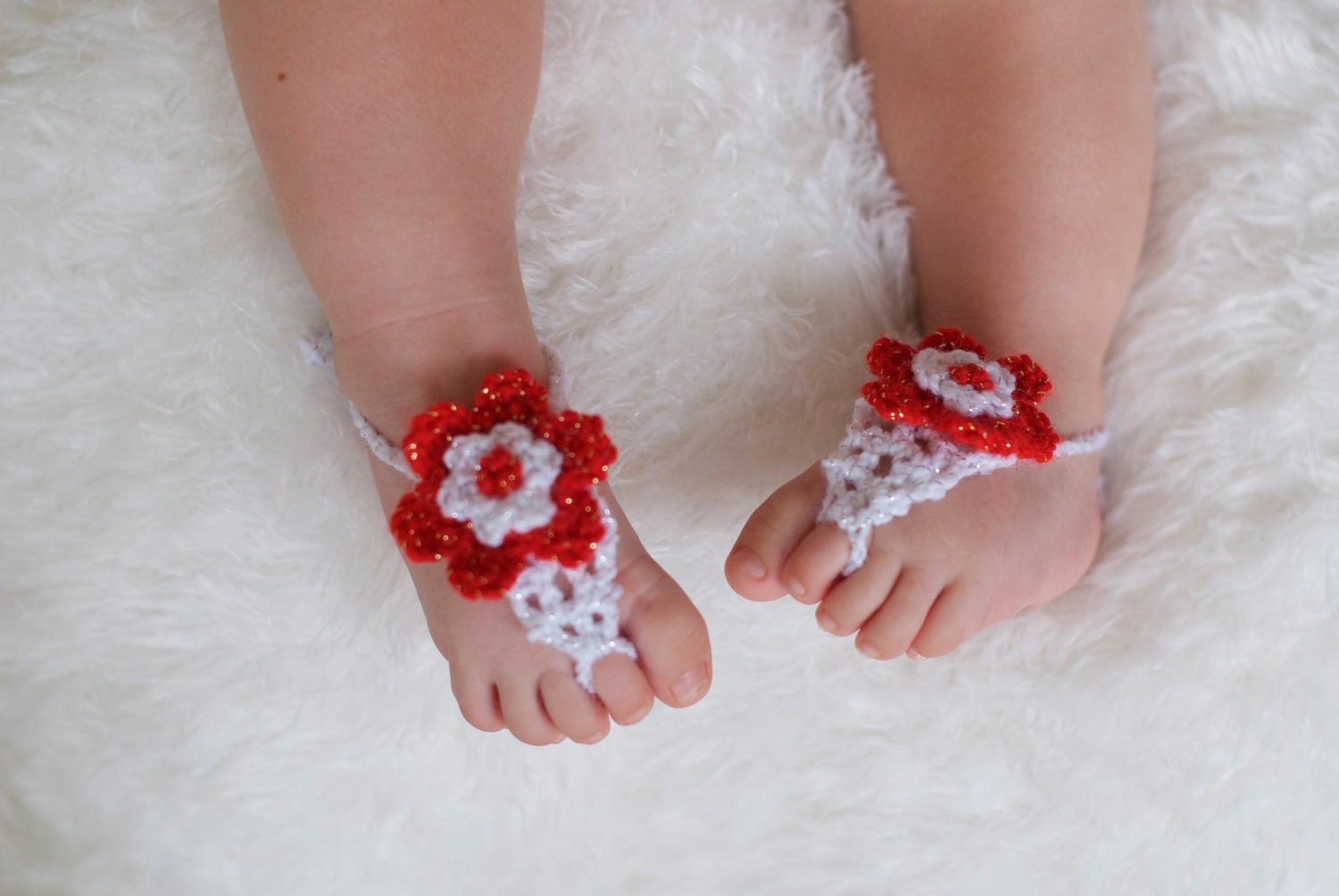 Baby Girl petal sandals. Holiday Red and White by HappyThreads1