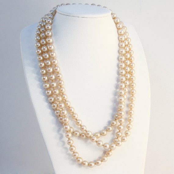 Vintage Opera Length Faux Pearl Necklace Hand Knotted