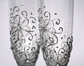 MADE to ORDER Swarovski Crystal Gel Flowers Wedding Champagne Flutes Hand Painted Set of 2