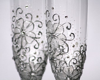 MADE to ORDER Swarovski Crystals,Ice Gel Flowers Wedding Champagne Flutes Hand Painted Set of 2