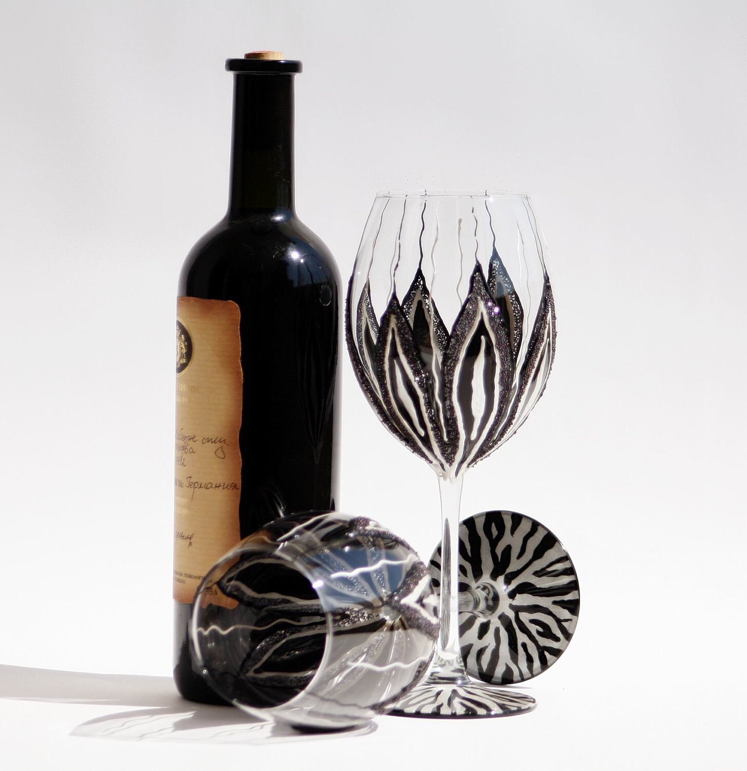 Zebra Wine Glasses Hand Painted Black and White Set of 2