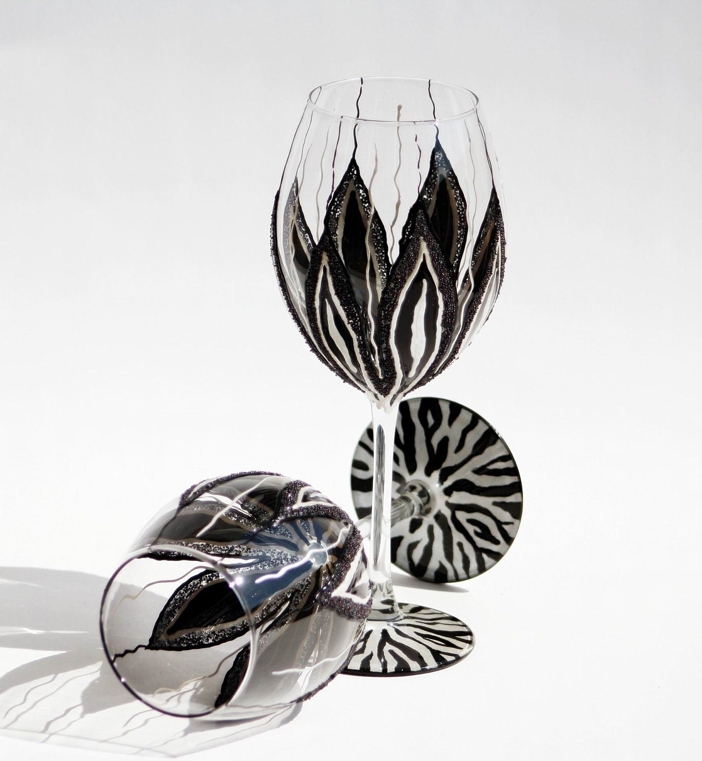 Zebra Wine Glasses Hand Painted Black and White Set of 2