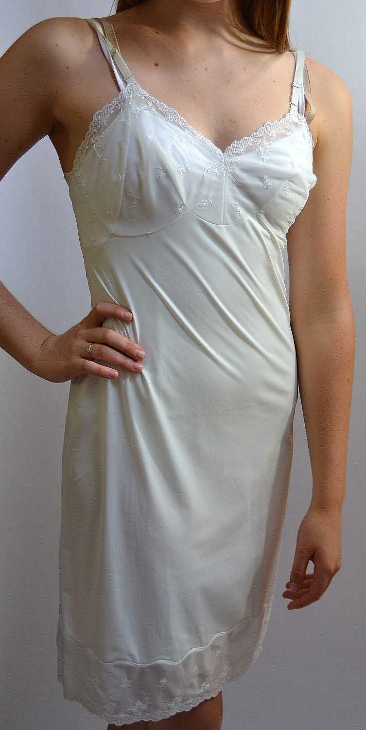 Vintage White Full Slip With Sheer Embroidered Bodice And Hem