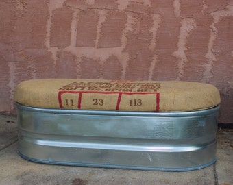 Upcycled Storage Bench: Galvanized Farm Stock Tank with Coffee Sack Lid