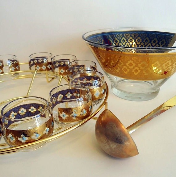 Vintage Culver Glass Punch Bowl Set with Metal Rack