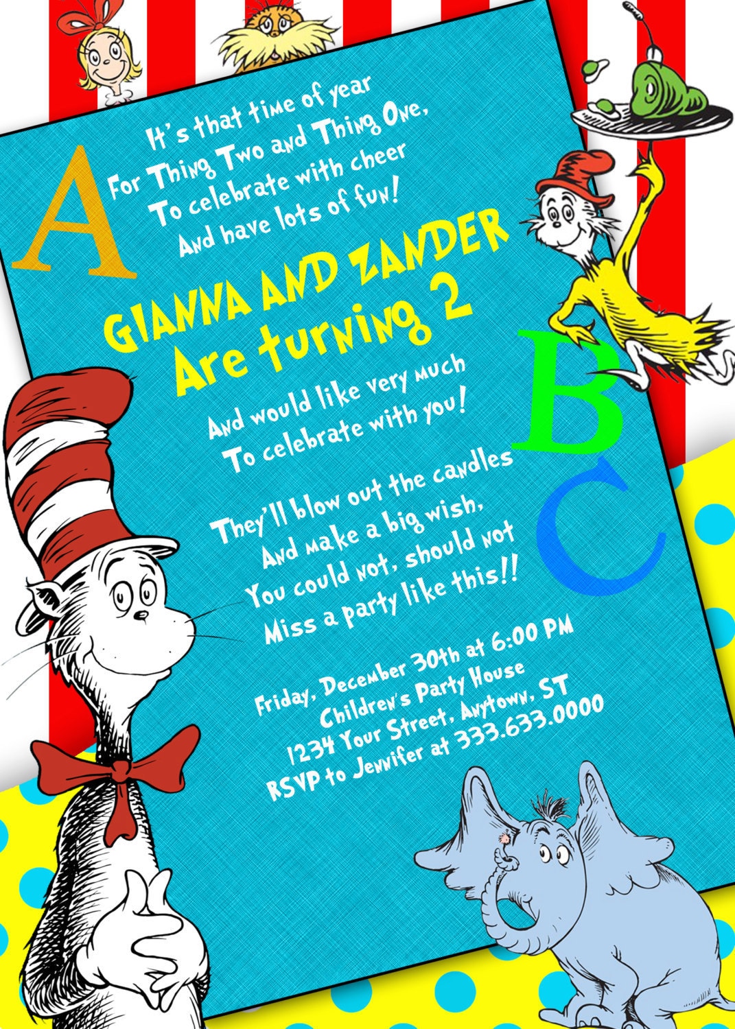 Dr. Seuss Personalized Birthday Invitations U by PinkSkyPrintables