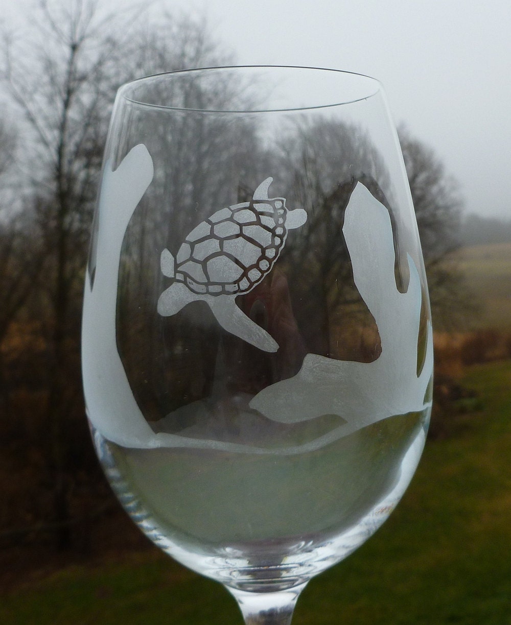 Etched Wine Glasses Ocean Animals Turtle Angelfish