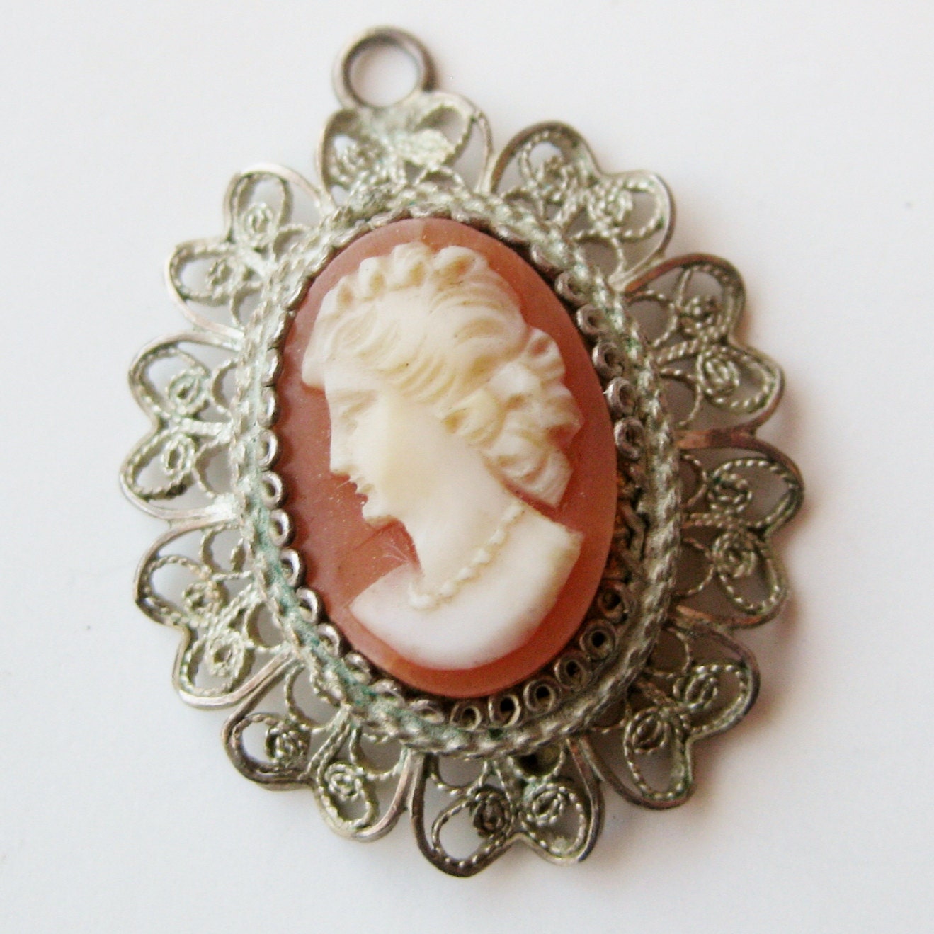 Vintage 30s Italian Hand Carved Shell Cameo 900 Silver