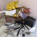 black handled kitchen utensils enamelware saucepan ladle tea towels recipe box oven mitts instant collection
