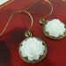 Dangle Earrings, Translucent White Resin Rose, Vintaj Ear Hooks, Brass Bezel, Under Ten Dollars