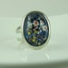 Vintage Glass Cabochon Ring, Floral Aqua Millefiore, Bezel Set on Silver Plated Adjustable Double Band