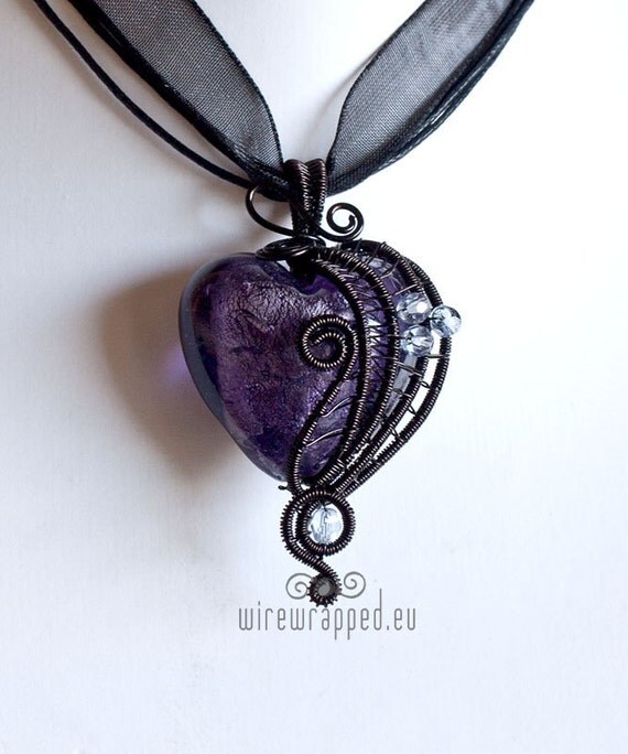 Purple gothic heart wire wrapped pendant by ukapala on Etsy