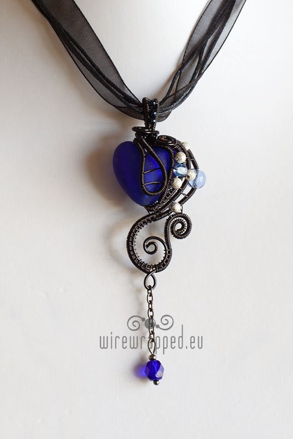 Cobalt blue goth wire wrapped heart by ukapala on Etsy