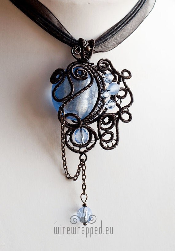 OOAK blue and black goth wire wrapped pendant