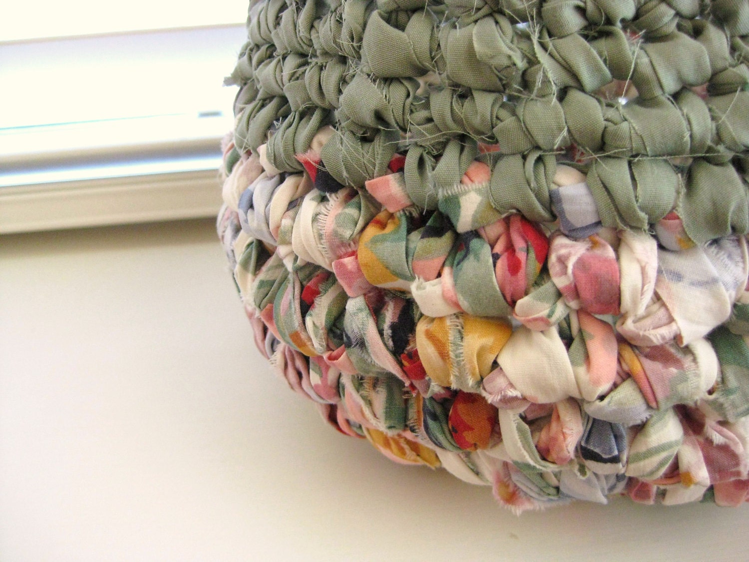 Crocheted Rag Basket Sage Green and Spring ColorsRepurposed