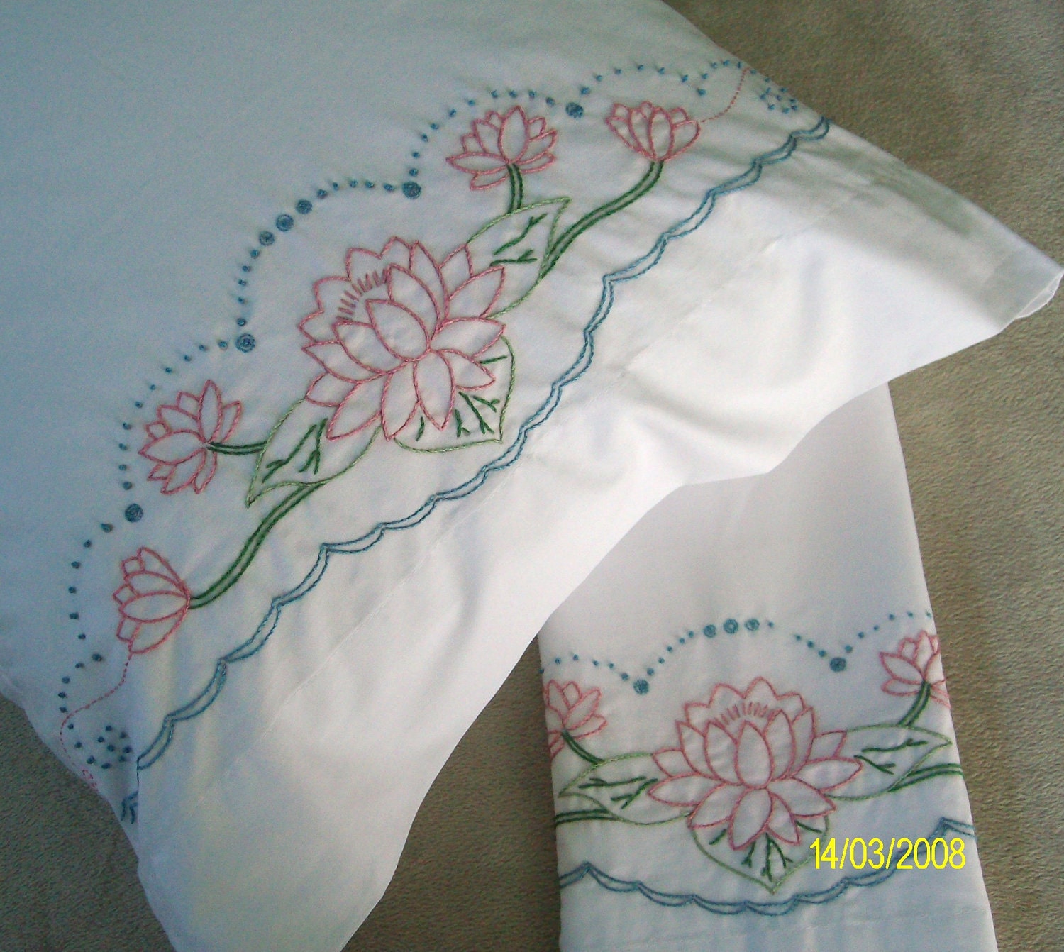 Hand Embroidered Pillowcases PinkWater by MyGrandmasThings