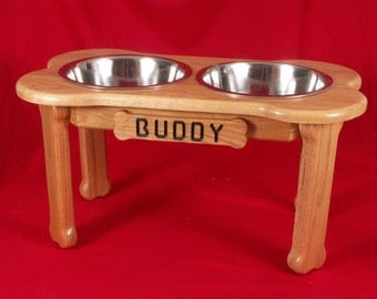 Elevated Large Dog Feeder, 12 Inch High, 3 Quart, Solid Oak, FREE Name and Stain