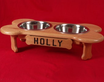 Elevated Dog Feeder Oak 6 Inchs High Two Quart Bowls FREE NAME and STAIN