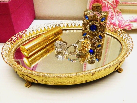 Vanity Tray Mirror Vintage Bedroom Dresser Vanity Holder Gold